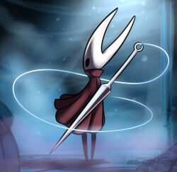  2019 2_horns arthropod artist_name black_eyes black_legs cloak clothing digital_media_(artwork) english_text female hi_res hollow_knight horn hornet_(hollow_knight) latiar nail_(weapon) outside red_cloak red_clothing silk solo standing team_cherry text weapon weapon_on_back white_head 