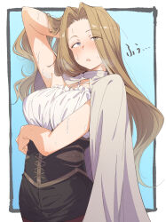  arm_under_breasts black_shorts blonde_hair blue_background blush border breast_lift breasts brown_corset brown_pantyhose cloak commentary_request corset eitopondo female flustered half-closed_eyes hand_in_own_hair heavy_breathing highres large_breasts long_hair looking_up methode_(sousou_no_frieren) pantyhose parted_lips shorts solo sousou_no_frieren sweat white_border white_cloak 