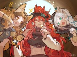  ! !! 3girls animal_ears aqua_eyes arknights bare_shoulders black_shirt blonde_hair blush braid breasts cat_ears cat_girl cat_tail character_request cleavage coin crossed_bangs earrings extra_ears gloves gold_coin hair_between_eyes highres holding hsaya jacket jewelry large_breasts long_hair midriff multicolored_clothes multicolored_jacket multiple_girls multiple_rings narantuya_(arknights) navel notched_ear open_mouth own_hands_together red_eyes red_hair ring shirt smile tail two-tone_jacket white_hair yellow_eyes 