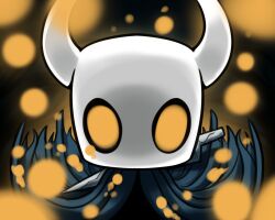  2019 2_horns ambiguous_gender arthropod cloak clothing digital_media_(artwork) hollow_knight horn infected_(species) latiar looking_at_viewer melee_weapon mouthless nail_(weapon) noseless orange_eyes particles shadow solo sword team_cherry the_knight_(hollow_knight) vessel_(species) weapon weapon_on_back white_head 