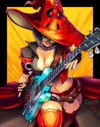  artist_name black_border black_choker black_hair boots border breasts choker cleavage drawrenja electric_guitar female fingerless_gloves gloves green-tinted_eyewear guilty_gear guilty_gear_strive guitar hat highres i-no instrument large_breasts looking_at_viewer midriff mole mole_above_mouth navel red_footwear red_hat red_leather red_lips short_hair solo sunglasses thigh_boots thighs tinted_eyewear venus_symbol witch_hat 