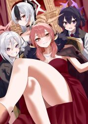  4girls aru_(blue_archive) aru_(dress)_(blue_archive) bare_shoulders black_hair blue_archive blush breasts choker cleavage crossed_legs dress earrings gomashi_(goma) grin halo haruka_(blue_archive) horns jewelry kayoko_(blue_archive) kayoko_(dress)_(blue_archive) large_breasts long_hair looking_at_viewer medium_hair multiple_girls mutsuki_(blue_archive) necklace open_mouth pink_eyes pink_hair purple_eyes purple_hair red_dress red_eyes short_ponytail sidelocks sitting smile suit thighs white_hair 