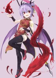  akisome_hatsuka alternate_costume alternate_hairstyle bat_wings black_thighhighs breasts china_dress chinese_clothes commentary_request double_bun dragon dress female grey_background hair_bun oerba_yun_fang pelvic_curtain pointy_ears purple_hair red_eyes red_footwear red_nails remilia_scarlet short_hair sleeveless sleeveless_dress smile solo spear_the_gungnir thighhighs touhou wings wrist_cuffs 