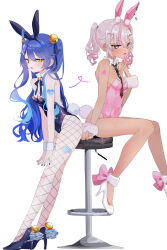  2girls ahoge amamiya_kokoro animal_ears arm_tattoo bell black_nails blue_hair blue_leotard breasts chair dark-skinned_female dark_skin detached_collar emi537469 fake_animal_ears fake_tail fishnet_pantyhose fishnets fur_cuffs grey_hair hair_bell hair_ornament hand_on_own_face high_heels highres jingle_bell leotard long_hair matsukai_mao multiple_girls nijisanji oerba_yun_fang open_mouth pantyhose pink_leotard playboy_bunny purple_eyes rabbit_ears rabbit_tail simple_background sitting small_breasts smile strapless strapless_leotard tail tattoo twintails very_long_hair virtual_youtuber white_background wrist_cuffs x_hair_ornament yellow_eyes 