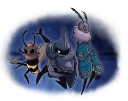  2020 5_fingers antennae_(anatomy) armor arthropod bee black_eyes black_legs boomerang bug_fables clothed clothing digital_media_(artwork) featureless_legs female fingers fluffy group holding_object holding_weapon hollow_knight hymenopteran insects kabbu_(bug_fables) latiar leif_(bug_fables) male moonsprout_games mouth_closed pose purple_eyes team_cherry trio vi_(bug_fables) weapon white_eyes wings 