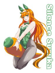  absurdres animal_ears black_pantyhose bow bowtie breasts carrot character_name ear_covers female green_bow green_bowtie green_eyes green_leotard hairband hakkai highres hime_cut horse_ears horse_girl horse_tail leotard nontraditional_playboy_bunny orange_hair oversized_object pantyhose silence_suzuka_(umamusume) simple_background small_breasts solo strapless strapless_leotard tail umamusume white_background white_hairband 