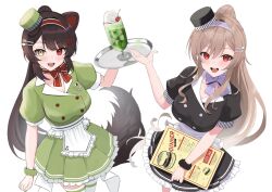  2girls :d animal_ears apron black_dress blush bow breasts brown_hair cherry collared_dress commentary_request dog_ears dog_girl dog_hair_ornament dog_tail dress drink food fork_hair_ornament frilled_dress frills fruit furen_e_lustario green_dress hair_ornament haruwo hat heterochromia high_ponytail highres holding holding_tray inui_toko large_breasts light_brown_hair long_hair looking_at_viewer menu mini_hat multiple_girls neck_ribbon nijisanji open_mouth pleated_dress puffy_short_sleeves puffy_sleeves purple_bow red_bow red_eyes ribbon scrunchie short_dress short_sleeves simple_background smile spoon_hair_ornament tail thighhighs tilted_headwear tray very_long_hair virtual_youtuber waitress white_apron white_background white_thighhighs wrist_scrunchie yellow_eyes 