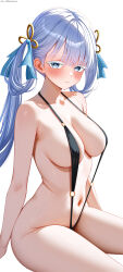  absurdres armpit_crease bare_shoulders black_slingshot_swimsuit blue_bow blush bow breasts bright_pupils chinese_commentary closed_mouth collarbone commentary_request embarrassed feet_out_of_frame female groin hairbow highres huanyi_huanhuanzi jinhsi_(wuthering_waves) large_breasts long_hair looking_at_viewer mole mole_on_cheek multiple_hair_bows navel revealing_clothes sideboob simple_background sitting slingshot_swimsuit solo stomach swimsuit two_side_up white_background white_eyelashes white_eyes white_hair white_pupils wuthering_waves 