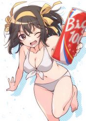  ;d barefoot bikini breasts brown_eyes brown_hair can cleavage collarbone commentary_request drink female front-tie_bikini_top front-tie_top hair_ribbon hairband highres holding holding_can holding_drink looking_at_viewer lower_teeth_only medium_hair navel one_eye_closed open_mouth ribbon short_hair smile solo standing standing_on_one_leg suzumiya_haruhi suzumiya_haruhi_no_yuuutsu swimsuit taiki_(6240taiki) teeth toes tongue white_bikini yellow_hairband yellow_ribbon 