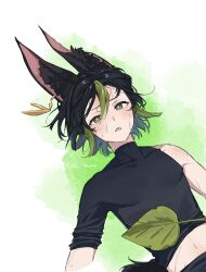  1boy animal_ear_fluff animal_ears asymmetrical_sleeves black_hair black_shirt blush commentary_request earrings fox_boy fox_ears fox_tail genshin_impact green_eyes green_hair hair_between_eyes highres jewelry leaf looking_at_viewer lying male_focus multicolored_hair navel on_back parted_lips shirt simple_background single_earring solo sweat tail tenchou_(sakai) tighnari_(genshin_impact) turtleneck twitter_username uneven_sleeves upper_body 