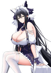  animal_ears apron azur_lane bare_shoulders black_hair breasts cat_ears cheshire_(azur_lane) cheshire_(azur_lane)_(cosplay) cleavage commentary commission cosplay detached_sleeves fake_animal_ears feet_out_of_frame female frilled_hairband frills from_side garter_straps hair_between_eyes hairband highres huge_breasts indomitable_(azur_lane) kikata_(hata_nanokana) lace-trimmed_thighhighs lace_trim long_hair looking_at_viewer maid_headdress pixiv_commission puffy_detached_sleeves puffy_short_sleeves puffy_sleeves purple_apron short_sleeves simple_background solo thighhighs very_long_hair white_background white_garter_straps white_thighhighs 