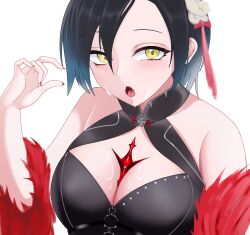  azur_lane black_hair breasts cleavage cleavage_cutout clothing_cutout cross female gem hair_between_eyes highres iron_cross large_breasts open_mouth red_gemstone red_nails shamo_jiang short_hair simple_background solo suggestive_fluid tongue tongue_tattoo ulrich_von_hutten_(azur_lane) upper_body white_background yellow_eyes 