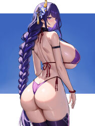  absurdres alternate_costume ass back bare_shoulders bikini blush braid braided_ponytail breasts cowboy_shot curvy female flower from_behind genshin_impact hair_flower hair_ornament highleg highleg_bikini highres huge_breasts long_hair looking_at_viewer looking_back mole mole_under_eye purple_eyes purple_hair raiden_shogun side-tie_bikini_bottom simple_background skindentation solo standing string_bikini swimsuit thick_thighs thighhighs thighs thong thong_bikini very_long_hair wolffeld_price 