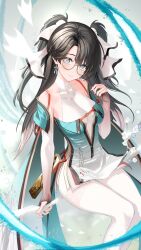  absurdres aqua_dress bare_shoulders black_hair blue_eyes bodystocking bow branch breasts closed_mouth commentary_request dress earrings elbow_sleeve feet_out_of_frame female glasses hairbow hand_up head_tilt highres holding holding_branch jewelry kokuusinsin legs_together long_hair looking_at_viewer medium_breasts multiple_hair_bows pink_eyes pink_hair round_eyewear semi-rimless_eyewear smile solo twintails two-tone_eyes very_long_hair white_bow wuthering_waves yellow-framed_eyewear zhezhi_(wuthering_waves) 