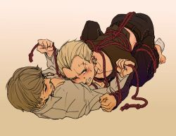  2boys 74-gou_(73-gou) arms_up barefoot black_pants black_shirt blonde_hair blush bondage bondage bondage bound brown_eyes brown_hair clenched_hand clenched_teeth closed_mouth collarbone couple ear_piercing earrings gradient_background grey_shirt hair_slicked_back holding holding_rope jewelry long_sleeves looking_to_the_side lying lying_on_person male_focus midriff_peek multiple_boys multiple_earrings narukami_yuu on_back open_clothes open_shirt pants persona persona_4 piercing red_rope restrained rope shibari_over_clothes shirt sideways_glance sweat sweatdrop tatsumi_kanji teeth toe_scrunch top-down_bottom-up yaoi 