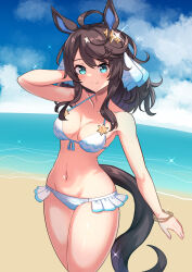  ahoge alternate_costume animal_ears beach bikini black_hair blue_eyes blush breasts cloud commentary_request commission daring_tact_(umamusume) female groin hair_ornament highres horse_ears horse_girl horse_tail looking_at_viewer medium_breasts medium_hair navel ocean skeb_commission sky solo sparkle star_(symbol) star_hair_ornament swimsuit tail umamusume yuutopia 