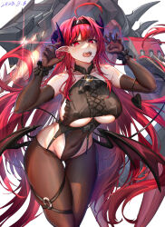  2023 absurdres ahoge azur_lane bat_wings black_gloves black_horns breasts brown_pantyhose center_frills clothing_cutout covered_navel covered_nipples cowboy_shot cross-laced_clothes cross-laced_top curled_horns dated demon_girl demon_horns demon_tail demon_wings elbow_gloves fangs female frills gloves hair_intakes highres hindenburg_(azur_lane) horns long_hair non-humanoid_robot o-ring pantyhose paw_pose pink_eyes qiyedefeishazhanji red_hair rigging robot robot_animal simple_background slit_pupils solo tail underboob underboob_cutout very_long_hair white_background wings 