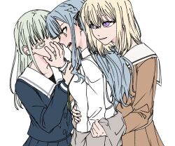  3girls a_jak bang_dream! bang_dream!_it&#039;s_mygo!!!!! blonde_hair blue_hair blue_shirt blue_skirt blush brown_dress dress girl_sandwich green_hair grey_jacket hanasakigawa_school_uniform hand_on_another&#039;s_face haneoka_school_uniform holding_another&#039;s_wrist jacket long_hair long_sleeves looking_at_another misumi_uika multiple_girls open_mouth parted_lips purple_eyes sailor_collar sailor_dress sandwiched school_uniform shirt simple_background skirt smile togawa_sakiko tsukinomori_school_uniform two_side_up undressing_another wakaba_mutsumi white_background white_sailor_collar white_shirt yellow_eyes yuri 