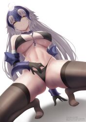  absurdres ahoge between_breasts bikini black_bikini black_gloves breasts commission elbow_gloves fate/grand_order fate_(series) female fur-trimmed_gloves fur_trim gloves grey_hair headpiece highres jeanne_d&#039;arc_alter_(avenger)_(fate) jeanne_d&#039;arc_alter_(fate) john_zerowb large_breasts linea_alba long_hair navel patreon_username pixiv_id shadow solo squatting stomach swimsuit thighhighs thighs twitter_username vambraces yellow_eyes 