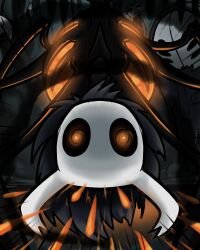  2019 2_horns ambiguous_gender belly black_eyes cloak clothing corpse digital_media_(artwork) glowing hanged hollow_knight horn infected_(species) latiar looking_at_viewer mask monster multi_eye nosk_(hollow_knight) orange_eyes scary solo team_cherry white_head 