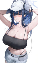  absurdres adjusting_hair armpits arms_up baseball_cap bikini bikini_bottom_only bikini_under_shorts black_bikini black_camisole blue_archive blue_eyes blue_hair breasts camisole cleavage collarbone commentary crop_top denim denim_shorts english_commentary female halo hat headphones highleg highleg_bikini highres huge_breasts long_hair looking_at_viewer navel official_alternate_costume paid_reward_available presenting_armpit samart saori_(blue_archive) saori_(swimsuit)_(blue_archive) short_shorts shorts simple_background skindentation solo stomach swimsuit white_background 