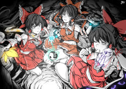  absurdres armpits ascot bare_legs bare_shoulders barefoot black_hair bow breasts chest_sarashi detached_sleeves eating frills hair_tubes hairbow hakurei_reimu hand_fan hand_on_own_face hauchiwa highres holding holding_fan hole limited_palette looking_at_another lying midriff multiple_girls multiple_persona one_eye_closed orb qingwa_chi_she red_bow sarashi scarf skirt subterranean_animism touhou wrist_cuffs yin_yang yin_yang_orb 