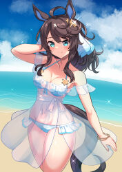  ahoge alternate_costume animal_ears beach bikini black_hair blue_eyes blush breasts cloud commentary_request commission daring_tact_(umamusume) female groin hair_ornament highres horse_ears horse_girl horse_tail looking_at_viewer medium_breasts medium_hair navel ocean see-through skeb_commission sky solo sparkle star_(symbol) star_hair_ornament swimsuit tail umamusume yuutopia 