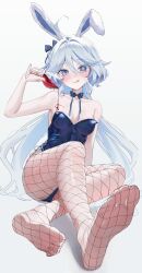  :q absurdres ahoge alternate_costume animal_ears arm_up armpits bare_shoulders blue_eyes blue_hair blue_leotard breasts choker cup detached_collar drinking_glass drop-shaped_pupils fake_animal_ears feet female fishnet_pantyhose fishnets foot_focus full_body furina_(genshin_impact) genshin_impact hair_between_eyes hair_ribbon heterochromia highleg highleg_leotard highres leotard light_blue_hair long_hair looking_at_viewer mismatched_pupils mixed-language_commentary multicolored_hair pantyhose playboy_bunny pouring pouring_onto_self ribbon ribbon_choker simple_background sitting small_breasts soles solo spilling strapless strapless_leotard streaked_hair symbol-shaped_pupils toes tongue tongue_out white_background white_hair wine_glass wolla wrist_cuffs 