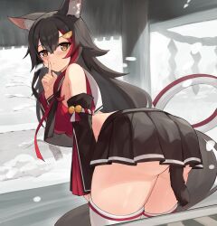  animal_ear_fluff animal_ears ass bare_shoulders black_hair black_skirt blush breasts commentary_request crop_top detached_sleeves female finger_to_mouth hair_ornament hairpin highres hololive index_finger_raised kouhaku_nawa large_breasts leaning_forward long_hair looking_at_viewer looking_back midriff multicolored_hair ookami_mio ookami_mio_(1st_costume) pleated_skirt red_hair rope shimenawa shushing skirt snow solo streaked_hair tail thighhighs thighs underbutt virtual_youtuber white_thighhighs wolf_ears wolf_girl wolf_tail woogi_(duguddnr) yellow_eyes 