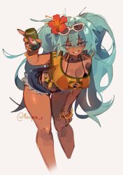  absurdres alternate_breast_size aqua_eyes aqua_hair brazilian_miku breasts can cleavage cropped_legs denim denim_shorts drink_can eyebrows_hidden_by_hair eyewear_on_head female flower guarana_antarctica hair_between_eyes hair_flower hair_ornament hand_on_own_knee hatsune_miku highres holding holding_can jewelry large_breasts leaning_forward long_hair looking_at_viewer nail_polish necklace open_mouth reapus_x short_shorts shorts signature simple_background smile soda_can solo sunglasses tan tanlines teeth twintails very_long_hair vocaloid white_background 