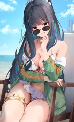  absurdres bare_shoulders beach beach_chair belly_chain black_hair blue_hair blue_sky breasts choker cleavage colored_inner_hair eyeliner fate/grand_order fate_(series) female green_jacket grey_eyes grin high_ponytail highres jacket jewelry long_hair long_sleeves looking_at_viewer looking_over_eyewear makeup medium_breasts multicolored_hair navel off_shoulder round_eyewear sezok shore sidelocks sitting sky smile solo sunglasses tenochtitlan_(fate) tenochtitlan_(swimsuit_mooncancer)_(fate) tenochtitlan_(swimsuit_mooncancer)_(first_ascension)_(fate) thighlet thighs tinted_eyewear 