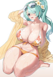  absurdres aqua_eyes aqua_hair bare_shoulders barefoot bikini blue_archive blue_eyes blush breasts cleavage commentary_request eyewear_on_head female five-core_fish_(xronf) floral_print_bikini flower full_body groin hair_flower hair_ornament hair_over_one_eye highres hiyori_(blue_archive) hiyori_(swimsuit)_(blue_archive) huge_breasts jacket long_hair looking_at_viewer multicolored_bikini multicolored_clothes navel off_shoulder official_alternate_costume open_clothes open_mouth orange_bikini see-through seiza side_ponytail simple_background sitting solo stomach sunglasses swimsuit tearing_up tears thighs very_long_hair wet white_background white_bikini 