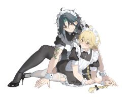  2boys absurdres aether_(genshin_impact) apron arm_tattoo black_footwear black_hair black_thighhighs blonde_hair blush braid closed_mouth earrings genshin_impact green_hair hair_between_eyes high_heels highres jewelry long_hair maid maid_apron maid_headdress male_focus multicolored_hair multiple_boys otoko_no_ko tattoo thighhighs white_thighhighs xiao_(genshin_impact) yaoi yellow_eyes yuki_(miyuki_kii) 