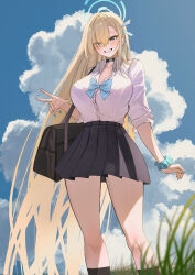  absurdly_long_hair absurdres aqua_bow aqua_bowtie asuna_(blue_archive) asymmetrical_bangs black_skirt black_socks blonde_hair blue_archive blush bow bowtie breasts commentary feet_out_of_frame female fingernails gangbyeon grass gyaru hair_ribbon halo highres kogal large_breasts long_hair looking_at_viewer miniskirt nail_polish open_collar outdoors pleated_skirt ribbon school_uniform scrunchie shirt skirt skirt_rolled_up smile socks solo very_long_hair w white_shirt wrist_scrunchie 