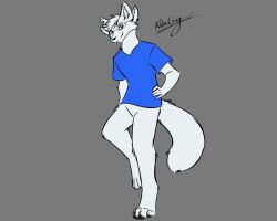  4_ears blue_clothing blue_shirt blue_topwear bottomless brown_eyes clothed clothing digital_drawing_(artwork) digital_media_(artwork) digitigrade elliott_(zeyzell) eyewear fur glasses male male/male multi_ear pantsless pose shirt solo tail the_isolationists the_nature_of_predators topwear whenwolvescryout white_body white_fur white_tail wwco zeyzell zeyzell_fox 