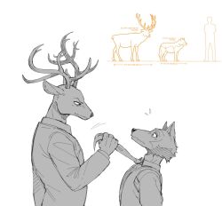  anthro antlers beastars canid canine canis clothing deer duo fur horn larger_male legoshi_(beastars) louis_(beastars) male mammal necktie school_uniform size_difference smaller_male stagor55 suit the_truth uniform wolf 