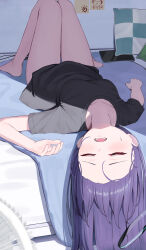  alternate_costume bed black_halo black_shirt blue_archive closed_eyes collarbone doodle_sensei_(blue_archive) female hair_flowing_over halo highres kurone_(kurone_ryuo) long_hair lying mechanical_halo notepad on_back on_bed open_mouth pillow sensei_(blue_archive) shirt solo sweat tablet_pc upside-down yuuka_(blue_archive) 