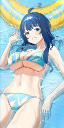  absurdres ahoge bikini blue_bikini blue_eyes blue_hair breasts cleavage clenched_teeth female hand_up highres inflatable_raft large_breasts looking_at_viewer lying lying_on_water make_heroine_ga_oo_sugiru! medium_hair navel on_back poppo_myupunk98 side-tie_bikini_bottom solo string_bikini swimsuit teeth water wet yanami_anna 