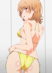  ass back backboob bare_shoulders bikini blush breasts brown_eyes brown_hair butt_crack female from_behind halterneck hand_on_own_hip highres isshiki_iroha looking_at_viewer looking_back lower_teeth_only medium_breasts medium_hair open_mouth revision shiny_skin short_hair shou937 side-tie_bikini_bottom solo standing string_bikini swimsuit teeth yahari_ore_no_seishun_lovecome_wa_machigatteiru. yellow_bikini 