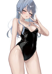  :o \m/ absurdres alternate_breast_size alternate_costume bare_arms bare_legs bare_shoulders black_leotard blue_eyes blue_hair blush breasts collarbone commentary covered_navel female hair_between_eyes hand_up highleg highleg_leotard highres hololive hoshimachi_suisei leotard long_hair looking_at_viewer medium_breasts oerba_yun_fang playboy_bunny simple_background skin_fang solo strapless strapless_leotard thighs virtual_youtuber white_background ya_ta 