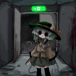  black_eyes black_hat black_thighhighs blood blood_on_wall bow buttons closed_mouth collar dark diamond_button emergency_exit exit_sign eyeball fedora female floral_print frilled_shirt_collar frilled_sleeves frills green_collar green_hair green_skirt hat hat_bow heart heart_of_string heripantomorrow holding holding_knife knife komeiji_koishi long_sleeves looking_at_viewer medium_hair open_door shirt skirt smile solo thighhighs third_eye touhou yellow_bow yellow_shirt 