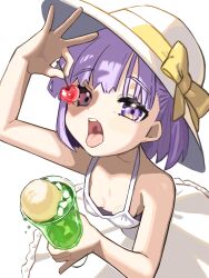  bare_shoulders breasts cherry cup dress drinking_glass fate/grand_order fate_(series) female food fruit hat highres ice_cream ice_cream_float kazuradrop_(fate) looking_at_viewer open_mouth purple_eyes purple_hair ribbon short_hair small_breasts solo tongue tongue_out tsukimi_okayu white_dress white_hat yellow_ribbon 