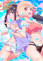  10ttruck 2girls ass bare_shoulders bikini black_bikini black_hair blonde_hair blue_sky breasts copyright_name cowboy_shot crop_top highres inoue_takina jacket layered_bikini long_hair looking_at_viewer lycoris_recoil medium_breasts multiple_girls navel nishikigi_chisato open_mouth purple_jacket short_hair sky stomach swimsuit teeth thighs upper_teeth_only water white_bikini 