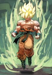  1boy 9302w_(user_wjpg8475) blonde_hair blood closed_mouth dragon_ball green_eyes highres male_focus muscular muscular_male pants pectorals solo son_goku spiked_hair super_saiyan super_saiyan_1 torn_clothes torn_pants wristband 