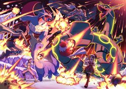  1boy 2girls absurdres alternate_costume attack aurorus battle cloak deino_(pokemon) delibird explosion fangs glowing glowing_eyes hat highres kukui_(pokemon) lab_coat lycanroc lycanroc_(midday) meteor meteor_shower multiple_girls pikachu pokemoa pokemon pokemon_(creature) pokemon_masters_ex pokemon_oras pokemon_sm rayquaza rosa_(holiday_2019)_(pokemon) rosa_(pokemon) running salamence santa_hat thighhighs zinnia_(pokemon) 