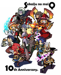  5boys 5girls :d ;) alchemist_(sekaiju) alchemist_3_(sekaiju) anniversary ballista_(sekaiju) ballista_4_(sekaiju) blonde_hair blue_hair brown_hair crossbow curse_maker curse_maker_4 doctor_magus doctor_magus_4 dual_wielding fencer_(sekaiju) fencer_1_(sekaiju) full_body highres holding masurao_(sekaiju) masurao_4_(sekaiju) multiple_boys multiple_girls night_seeker_(sekaiju) night_seeker_1_(sekaiju) one_eye_closed open_mouth pirate_(sekaiju) pirate_3_(sekaiju) red_hair romaji_text sekaiju_no_meikyuu sekaiju_no_meikyuu_1 sekaiju_no_meikyuu_2 sekaiju_no_meikyuu_3 sekaiju_no_meikyuu_4 sekaiju_no_meikyuu_5 simple_background smile standing sword swordsman_(sekaiju) swordsman_(sekaiju_4) swordsman_1_(sekaiju) swordsman_4_(sekaiju_4) tenjin weapon white_background white_hair 