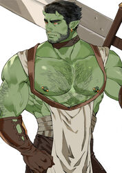  1boy abs absurdres arm_hair bara bare_pectorals bare_shoulders beard black_hair chest_hair colored_skin commission earrings facial_hair gomihebi green_skin hair_slicked_back hairy highres horns huge_weapon jewelry large_pectorals male_focus mature_male monster_boy muscular muscular_male nipple_piercing nipples orc original over_shoulder pectorals piercing pointy_ears short_hair small_horns solo stomach sword sword_over_shoulder thick_eyebrows tusks veins weapon weapon_over_shoulder white_background 