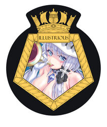  azur_lane badge blue_eyes breasts character_name cleavage commentary_request female holding illustrious_(azur_lane) ita_emblem large_breasts long_hair looking_at_viewer royal_navy self-upload simple_background solo white_background white_hair yamikota 