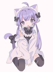  ahoge animal_ear_fluff animal_ears bandaid bandaid_on_clothes bandaid_on_leg bell between_legs black_bow black_bowtie black_ribbon black_thighhighs blood bow bowtie cat_ears cat_girl cat_tail collar collared_shirt cuts daizu_(melon-lemon) detached_ahoge dress_shirt female frilled_collar frills full_body hair_bell hair_ornament hairbow hand_between_legs heart heart_in_eye highres injury jingle_bell long_hair long_sleeves looking_at_viewer maid_headdress neck_bell off_shoulder open_clothes open_mouth open_shirt original purple_eyes purple_hair ribbon self-harm shirt sidelocks simple_background sitting sleeves_past_wrists solo sweat symbol_in_eye tail tail_bow tail_ornament tail_ribbon tareme thighhighs v_arms very_long_hair wariza white_background white_shirt 