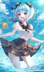  :d absurdres animal aqua_eyes aqua_hair bad_id bad_pixiv_id black_bow black_sailor_collar black_skirt blue_sky blush bottle_miku bow breasts cloud commentary day female fish floating_hair goldfish hairbow hatsune_miku highres hyeya liquid_hair long_hair looking_at_viewer midriff open_mouth outdoors pleated_skirt sailor_collar school_uniform serafuku shirt short_sleeves skirt skirt_hold sky smile solo standing teeth twintails upper_teeth_only very_long_hair vocaloid wading water wet white_shirt 